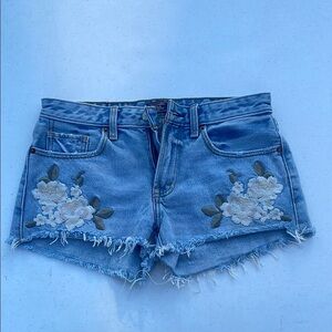 Abercrombie & Fitch Blue and White Jean Shorts with Floral Embroidery